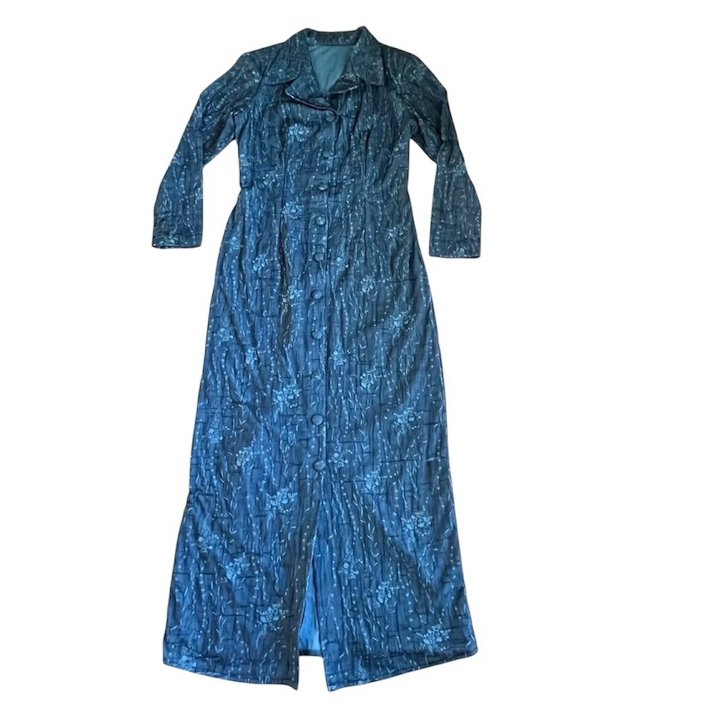 Vintage 1960s Dress Long Floral Womens Brocade Taffeta Nylon Appliqué XS/S